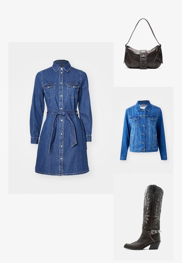 Blaue Jeansjacke mit Kragen, vorderem Knopfverschluss, zwei Brusttaschen und Seitentaschen. Verfügt über Kontrastnähte und eine leicht taillierte Passform.; Denimhemdkleid mit langen Ärmeln, durchgehender Knopfleiste, Brusttaschen und einem Kordelzug in der Taille. Verfügt über einen klassischen Kragen und einen mittellangen Saum.; Schwarzer Leder-Cowboystiefel mit dekorativen Ausschnitten, silberner Schnalle und schräger Ferse, auf weißem Hintergrund dargestellt.; Braune Lederumhängetasche mit gebogener Form, die mit einem auffälligen Schnallendetail, kontrastierenden Nähten und einem einzigen Schulterriemen ausgestattet ist.