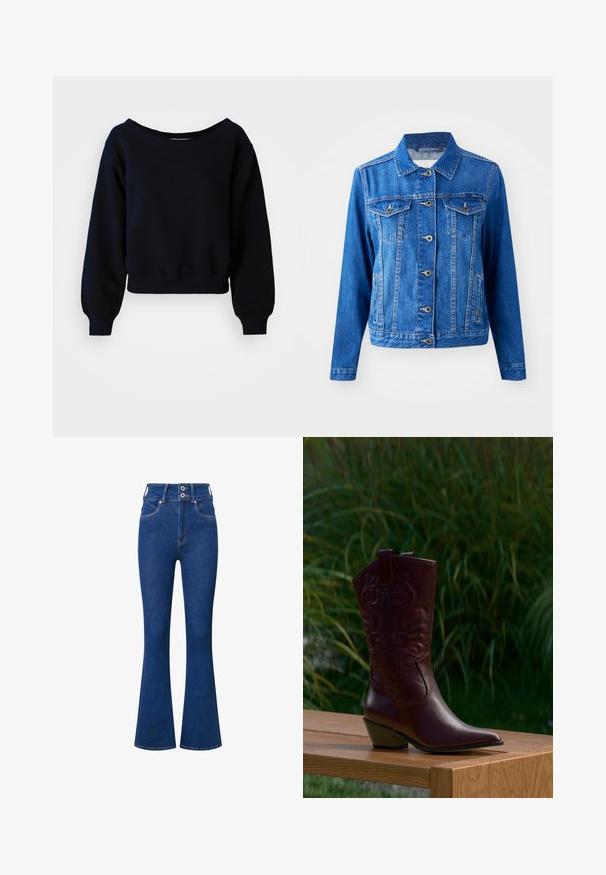 Blaue Jeansjacke mit Kragen, vorderem Knopfverschluss, zwei Brusttaschen und Seitentaschen. Verfügt über Kontrastnähte und eine leicht taillierte Passform.; Schwarzes, langärmeliges, gekürztes Sweatshirt mit gerippten Bündchen, Taillenbund und weitem Halsausschnitt auf weißem Hintergrund.; Hoch geschnittene Schlagjeans aus dunkelblauem Denim. Merkmale sind ein Zwei-Knopf-Verschluss, Vordertaschen und dezente Nähte entlang der Säume.; Dunkelbrauner Leder-Cowboystiefel mit gestickten Mustern, niedrigem schrägem Absatz und Zuglaschen, platziert auf einer Holzbank mit grünem Pflanzenhintergrund.