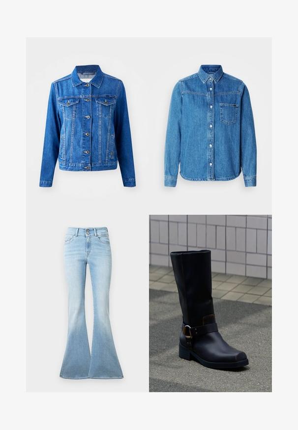 Blauwe denimjack met een kraag, sluiting met knopen aan de voorkant, twee borstzakken en zijzakken. Bevat contrasterende stiksels en heeft een iets getailleerde vorm.; Blauw denim overhemd met knopen, een kraag, een voorzak en witte knopen. Heeft een licht gebogen zoom en lange mouwen.; Lichtblauwe uitlopende jeans van denim. Heeft een hoge taille met twee knopen en een lichte vervaging naar de zoom. Klassiek vijf-pocketontwerp.; Zwarte leren laars tot halverwege de kuit met een lage hak en een decoratief riempje met metalen gesp, staand op een grijs bestraatte ondergrond nabij een betegelde muur.