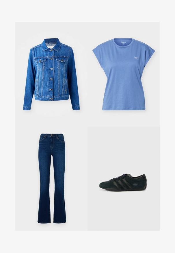 Blauwe denimjack met een kraag, sluiting met knopen aan de voorkant, twee borstzakken en zijzakken. Bevat contrasterende stiksels en heeft een iets getailleerde vorm.; Blauw mouwloos T-shirt met ronde hals en een klein wit "Pepe Jeans London" logo aan de linkerkant van de borst.; Donkerblauwe flared jeans van denim met een hoge taille, voorzien van voorzakken, een ritssluiting en subtiele stikseldetails.; Zwarte suède sportschoen met drie zwarte strepen, een afgeronde neus en een vlakke zool met een subtiel logo op de hiel.