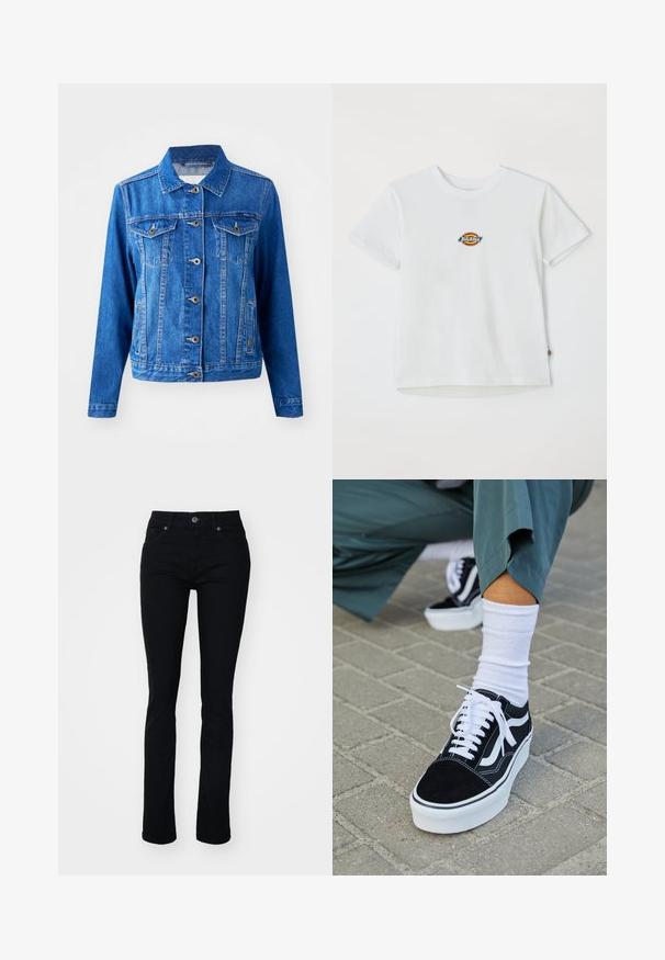 Blaue Jeansjacke mit Kragen, vorderem Knopfverschluss, zwei Brusttaschen und Seitentaschen. Verfügt über Kontrastnähte und eine leicht taillierte Passform.; Weißes Baumwoll-T-Shirt mit einem runden Logo und mehrfarbigen Akzenten. Kurze Ärmel und runder Halsausschnitt, mit einem kleinen Etikett am Saum.; Schwarze Denim-Jeans mit schmaler Passform, fünf Taschen, Reißverschluss und Knopfverschluss. Glatte Textur und leicht elastisch für Komfort.; Schwarze Wildledersneaker mit weißen Akzenten und Schnürsenkeln, ausgestattet mit einer dicken weißen Sohle und kontrastierenden Nähten, kombiniert mit einer weißen Socke.