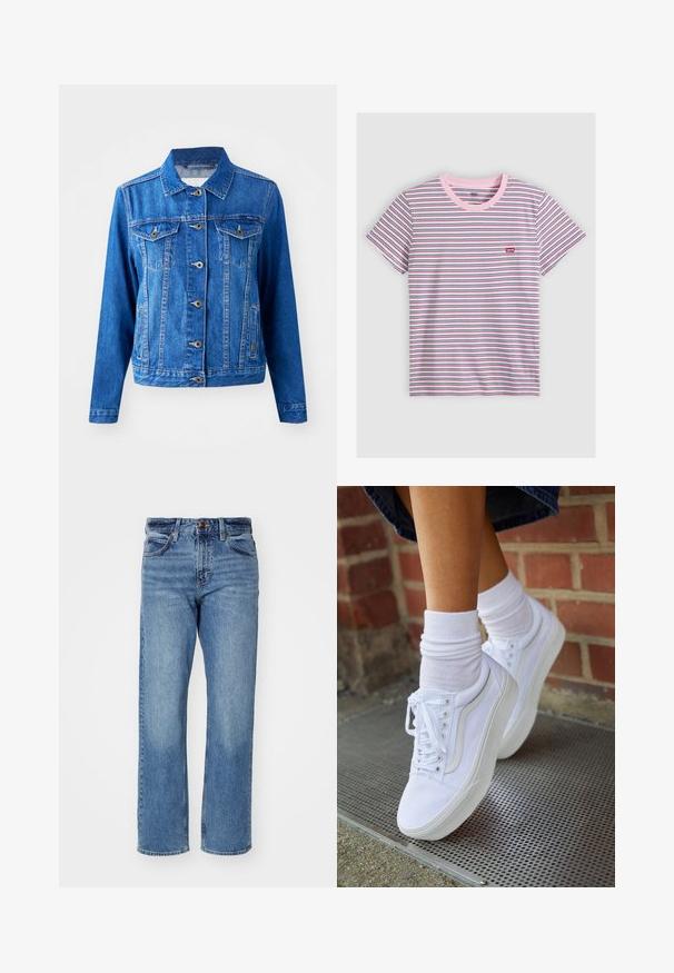 Blauwe denimjack met een kraag, sluiting met knopen aan de voorkant, twee borstzakken en zijzakken. Bevat contrasterende stiksels en heeft een iets getailleerde vorm.; T-shirt met korte mouwen en ronde hals met dunne horizontale strepen in wit, roze, zwart en blauw, met een klein rood Levi's-logo op de borst.; Lichtblauwe rechte jeans gemaakt van denim. Bevat vijf zakken, een klassieke knoopsluiting en subtiele fading door de stof.; Witte canvas sneakers met rubberen zolen, voorzien van zes vetertjes, een ronde neus en lichte stikdetails, gecombineerd met witte enkelsokken.