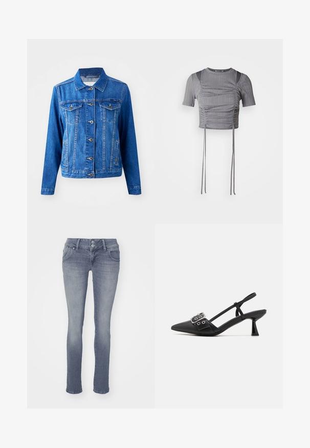 Blaue Jeansjacke mit Kragen, vorderem Knopfverschluss, zwei Brusttaschen und Seitentaschen. Verfügt über Kontrastnähte und eine leicht taillierte Passform.; Grauer Cropped-Top mit kurzen Ärmeln, vertikaler Rippoptik, gerafften Details und verstellbaren Bindebändern am Saum für eine maßgeschneiderte Passform.; Schlanke Jeans aus hellblauem Denim mit einem klassischen Fünf-Taschen-Design, Zwei-Knopf-Verschluss und dezenten Verfärbungen auf der Vorderseite.; Simmi London DALA - Pumps - black