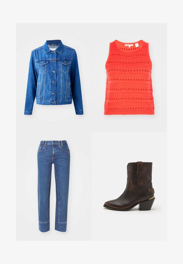 Blauwe denimjack met een kraag, sluiting met knopen aan de voorkant, twee borstzakken en zijzakken. Bevat contrasterende stiksels en heeft een iets getailleerde vorm.; Koraalkleurige tanktop met een gestructureerd breipatroon, voorzien van horizontale strepen en opengewerkte details, ronde halslijn en mouwloos ontwerp.; Blauwe spijkerbroek met een rechte pasvorm, vijf zakken en contrasterende stikseldetails. De stof heeft een lichte textuur en een klassieke afwerking.; Bruine leren cowboylaars met een puntenneus en gestapelde hak. Voorzien van een decoratief ruitpatroon en een riem met hardware accent.