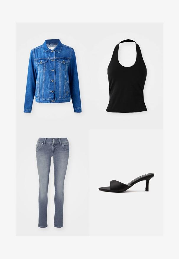 Blauwe denimjack met een kraag, sluiting met knopen aan de voorkant, twee borstzakken en zijzakken. Bevat contrasterende stiksels en heeft een iets getailleerde vorm.; Zwarte haltertop gemaakt van zacht materiaal, met een ronde hals en een getailleerde pasvorm, voorzien van een gladde textuur en zonder zichtbare patronen.; Skinny jeans in lichtblauwe denim, met een klassiek vijf-pocket ontwerp, een sluiting met twee knopen en subtiele vervaging aan de voorkant.; Zwarte mule met open teen, met een smalle hak van gemiddelde hoogte en een brede band aan de voorkant, zijaanzicht op een effen achtergrond.