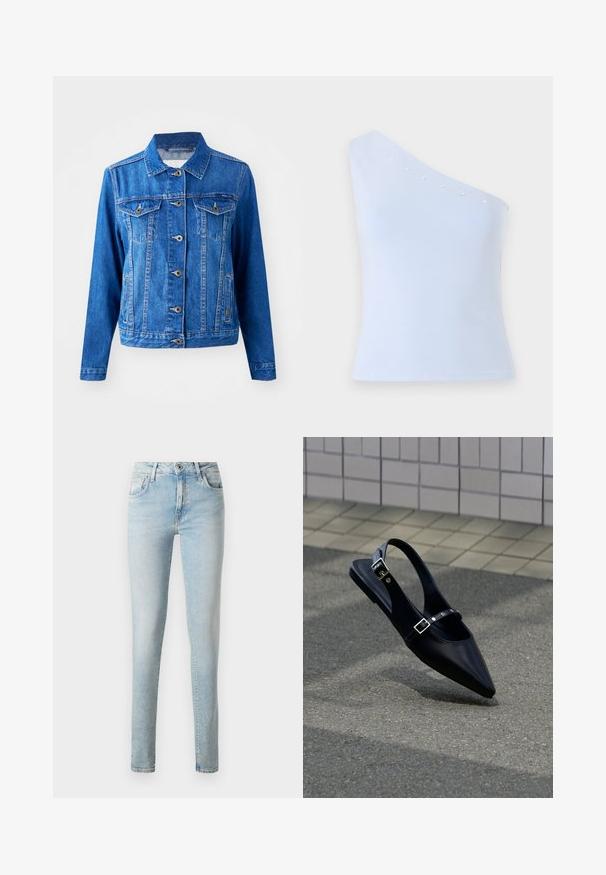 Chaqueta de mezclilla azul con cuello, cierre frontal de botones, dos bolsillos en el pecho y bolsillos laterales. Presenta costuras en contraste y una forma ligeramente ajustada.; Top azul claro de un solo hombro, hecho de una tela suave, con adornos de estrellas plateadas a lo largo del escote y una silueta ajustada.; Jeans de mezclilla azul claro con un corte ajustado, diseño de cinco bolsillos, lazos para cinturón clásicos y cierre con cremallera y un solo botón.; Zapato plano negro de punta puntiaguda con tiras de doble hebilla y talón descubierto, descansando sobre asfalto gris cerca de una pared con azulejos.