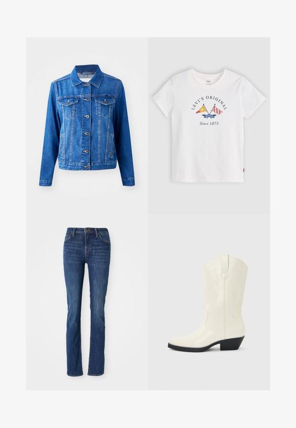 Veste en denim bleu avec un col, fermeture à boutons sur le devant, deux poches poitrine et poches latérales. Présente des coutures contrastées et une coupe légèrement ajustée.; T-shirt blanc à manches courtes Levi's avec des drapeaux jaunes et rouges croisés et le texte "Levi's Original Since 1873" au centre devant.; Jeans droits bleus avec une légère décoloration, poches avant, passants de ceinture et fermeture à bouton sur fond blanc.; Botte blanche de style western mi-mollet avec bout pointu, talon empilé noir, coutures décoratives et languette de tirage sur la tige.