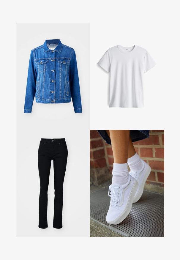 Blaue Jeansjacke mit Kragen, vorderem Knopfverschluss, zwei Brusttaschen und Seitentaschen. Verfügt über Kontrastnähte und eine leicht taillierte Passform.; Weißes Baumwoll-T-Shirt mit rundem Ausschnitt und kurzen Ärmeln. Weicher Stoff, gerader Schnitt, keine sichtbaren Logos oder Muster.; Schwarze Denim-Jeans mit schmaler Passform, fünf Taschen, Reißverschluss und Knopfverschluss. Glatte Textur und leicht elastisch für Komfort.; Weiße Leinensneaker mit Gummisohlen, ausgestattet mit sechs Ösen, runder Zehenpartie und dezenten Nähten, kombiniert mit weißen Knöchelsocken.