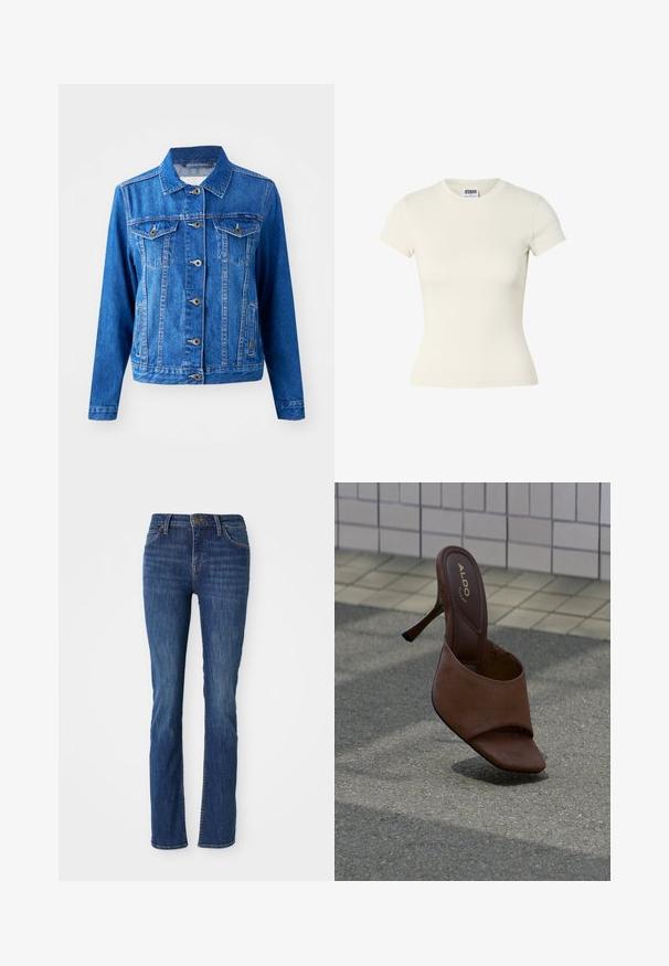 Veste en denim bleu avec un col, fermeture à boutons sur le devant, deux poches poitrine et poches latérales. Présente des coutures contrastées et une coupe légèrement ajustée.; T-shirt ajusté crème à manches courtes avec col rond et étiquette "Urban Classics" au niveau du col.; Jeans droits bleus avec une légère décoloration, poches avant, passants de ceinture et fermeture à bouton sur fond blanc.; Mule marron à talon haut avec bout ouvert et marquage ALDO sur la semelle intérieure, posée sur un pavement texturé près d’un mur carrelé.