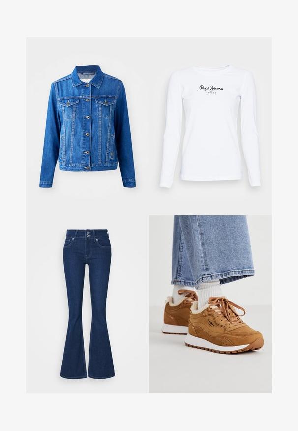 Veste en denim bleu avec un col, fermeture à boutons sur le devant, deux poches poitrine et poches latérales. Présente des coutures contrastées et une coupe légèrement ajustée.; T-shirt blanc à manches longues en tissu doux, arborant le logo "Pepe Jeans London" en noir à l'avant. Design simple et ajusté.; Jean évasé bleu foncé à taille haute, avec deux boutons de fermeture et des poches avant. Fabriqué en denim avec des détails de couture visibles le long des coutures.; Baskets en suede marron avec des semelles blanches, doublure en fourrure, et lacets marron. Elles comportent des accents perforés et un logo noir sur le côté.