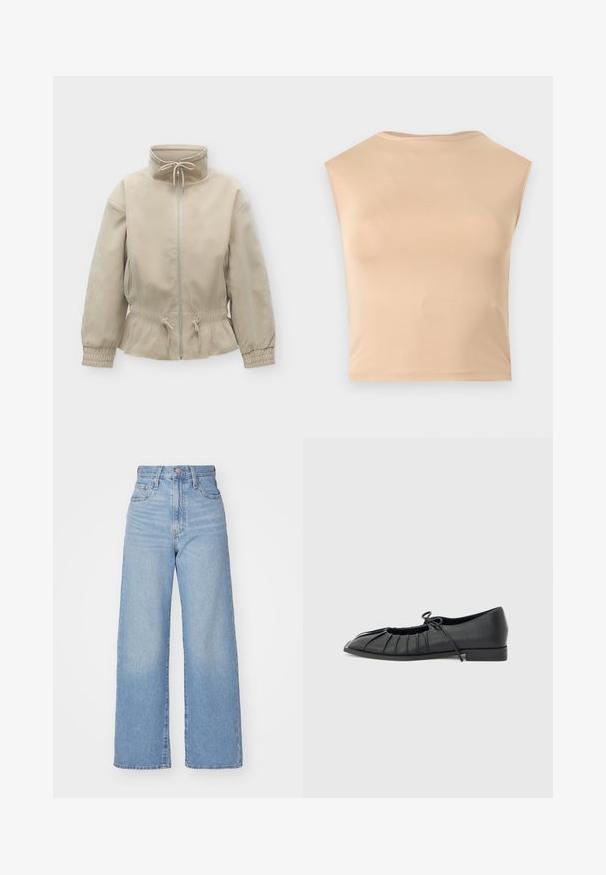 Veste beige zippée avec col montant et cordons au niveau du cou et de la taille, poignets élastiques et poches latérales sur fond uni.; Haut court beige sans manches avec un col rond haut, un tissu lisse et un ourlet droit, présenté sur un fond blanc uni.; Jean large taille haute bleu clair avec bouton et fermeture éclair à l'avant, poches avant et arrière, sur fond blanc.; Chaussure plate noire avec design plissé à l'avant et un nœud noué sur le dessus, petit talon, et texture lisse sur un fond gris clair.