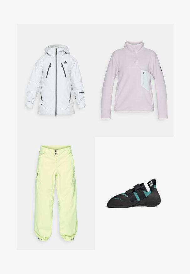 Hvid vejrbestandig jakke med hætte, der har to frontlommer med lynlås og sorte lynlåse. Fremstillet af GORE-TEX materiale.; Lyse lilla fleecepullover med høj krave, tre knapper foran og en hvid lynlåslomme på brystet. Har kontrasterende hvidt trim.; Lysgrønne skibukser med en afslappet pasform, der har to sidelommer med lynlås, justerbare manchetter og en to-knaps lukning i taljen.; Sort klatresko med spids tå, dobbel Velcro-remme, smaragdgrønne accenter og mønstret gummisål for greb.