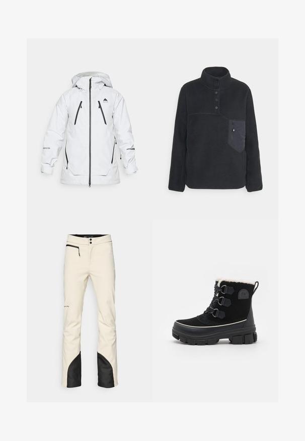 Hvid vejrbestandig jakke med hætte, der har to frontlommer med lynlås og sorte lynlåse. Fremstillet af GORE-TEX materiale.; Sort fleece pullover med høj krave, fire-knaps placket og lynlåslomme på venstre bryst. Har kontrasterende syninger og en blød tekstur.; Herre skibukser i cremefarvet med sort accent ved kanten. Har en lynlåslomme, knaplukning og tapered ben. Blødt, vandafvisende materiale.; Sorte vandtætte støvler med overdel af ruskind, for af kunstpels, tre øjer snøresystem, tyk gummisål og kontrasterende hvid trim.