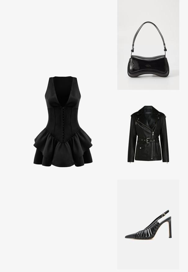 Sort lædermotorcykeljakke med bælte i taljen, sølv lynlåse og trykknapper, udstyret med asymmetrisk lynlås og quiltetforing.; OW Collection AUGUSTA - Jerseykjole - black; Sort højhælet slingback-sko med spids tå og udskårne læderremme med en guldbøjle på ankelremmen.; Sort patentlæder håndtaske med en buet form, et enkelt håndtag og en rund bund. Har en subtil logo-detalje på forsiden.