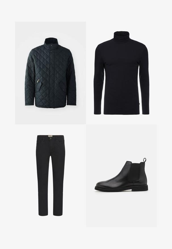 Gepolsterte schwarze Jacke mit Stehkragen, ausgestattet mit vorderen Druckknöpfen, zwei schrägen Reißverschlusstaschen und einem Rautenmuster im gesamten Stoff.; Schwarzes Langarm-Turtleneck-Shirt aus weichem, dehnbaren Stoff. Verfügt über ein tailliertes Design und eine glatte Textur. Keine sichtbaren Muster oder Akzente.; Schwarze Jeans aus Denim mit geradem Schnitt, Fünf-Taschen-Design und vorderem Knopfverschluss. Glatte Textur mit dezenten Stichdetails.; Schwarze Leder Chelsea-Stiefel mit elastischen Seitenpanelen und einem Zugtab. Gerundete Zehenpartie und flache Gummisohle, die eine glatte Oberfläche zeigt.