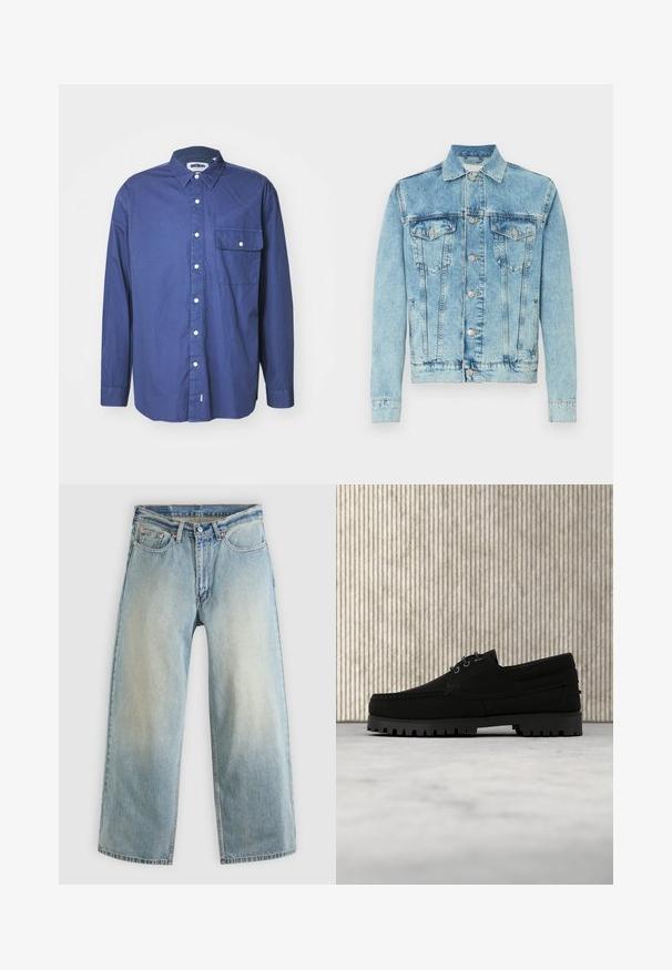 Veste en denim bleu clair avec fermeture à boutons, poches à rabat sur la poitrine, poches latérales et col classique, présentée sur fond blanc.; Chemise à manches longues bleu marine en tissu tissé, avec un col pointu, une poche avant et des boutons blancs le long de la patte de boutonnage.; Jean denim bleu clair à jambes larges avec une finition délavée. Comprend un design standard à cinq poches et une fermeture à bouton métallique.; Chaussure noire à lacets avec semelle épaisse à nervures flottant au-dessus d'un tapis beige, table ronde moderne marron en arrière-plan dans une pièce à éclairage doux.