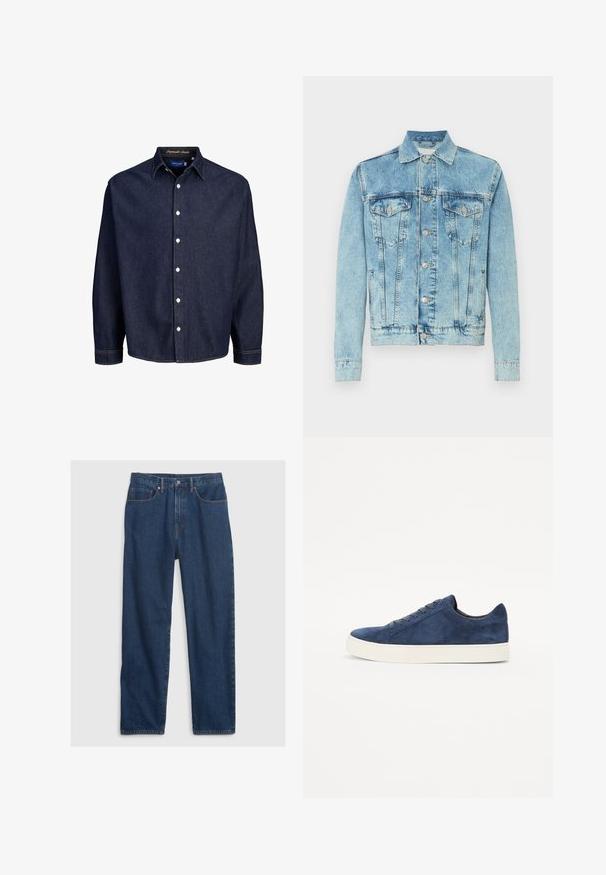 Helle Jeansjacke in Blau mit Knopfleiste, Brustklapptaschen, Seitentaschen und klassischem Kragen, auf weißem Hintergrund präsentiert.; Dunkelblaune Jeanshemd mit Knopfleiste, langen Ärmeln und klassischem Kragen, mit weißen Knöpfen und kontrastierenden Nähten.; Dunkelblaue Jeans aus Denim im geraden Schnitt, mit Fünf-Taschen-Design, Knopfverschluss und Kupfernieten.; Marineblaue Wildlederschuhe mit runder Zehenpartie, fünf Ösen, weißer Gummisohle und minimalistischem Design. Glatte Oberfläche, ohne erkennbare Muster.