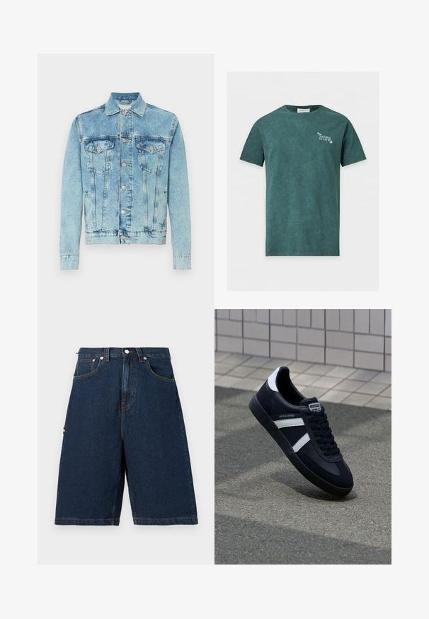 Helle Jeansjacke in Blau mit Knopfleiste, Brustklapptaschen, Seitentaschen und klassischem Kragen, auf weißem Hintergrund präsentiert.; Dunkelgrünes T-Shirt mit kurzen Ärmeln, Rundhalsausschnitt und weißem "Natural Culture" Text sowie kleinem Schmetterlingsmotiv auf der linken Brust.; Dunkelblaue Denim-Shorts mit lockerer Passform, ausgestattet mit zwei vorderen Taschen und einer einzelnen Gesäßtasche, abgerundet mit orangefarbenen Nähakzenten.; Schwarze Leder-Sneaker mit weißen Streifen, strukturiertem Gummisohle und Schnürung. Verfügt über ein Markenetikett auf der Zunge.
