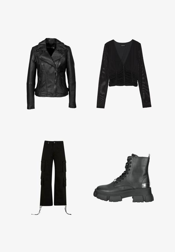 Schwarze Leder-Bikerjacke mit asymmetrischem Frontreißverschluss, seitlichen Reißverschlusstaschen und Schnallendetails am Kragen und an der Taille.; Schwarzes langärmliges Oberteil aus dehnbarem Stoff; mit V-Ausschnitt, gerafftem Vorderteil und durchsichtigen Ärmeln mit glatter Textur.; Schwarze Cargo-Hosen mit einer lockeren Passform, ausgestattet mit Cargo-Taschen an den Seiten, Kordelzügen am Saum und einem Knopfverschluss an der Taille.; Schwarze Lederstiefeletten mit einer profilierten Plateausohle, runder Zehenpartie, Frontschnürung mit Metallösen und einem Ziehschlaufe an der Rückseite.