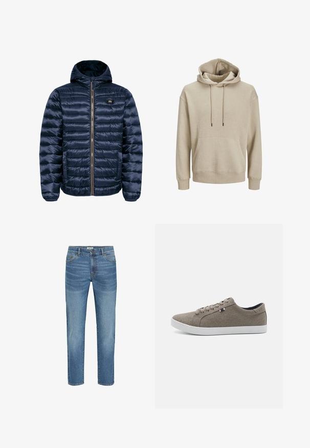 Marineblauwe gewatteerde jas met capuchon, voorzien van een ritssluitingen, horizontaal gestikt ontwerp en ribbelmanchetten. Gladde, glanzende stof.; Beige hoodie met een trekkoord, een voorzak en ribgebreide manchetten. Zachte textuur en een ontspannen pasvorm.; Lichtblauwe denim jeans met een klassiek recht model, voorzien van vijf zakken, metalen knoopsluiting en een lichte vervaging op de stof.; Bruine canvas sneakers met een ronde neus, witte rubberen zool en vijf veterogen. Kenmerkt zich door een kleine driekleurige accent aan de zijkant.