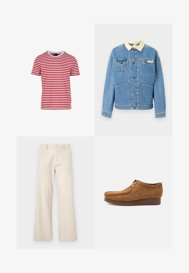 Lichtblauwe spijkerjasje met een beige kraag, zwarte knopen, vier zakken aan de voorkant en een Columbia-logo op de bovenste rechter borstzak.; Rood-witte gestreepte t-shirt met korte mouwen en ronde hals, gemaakt van stof met een gladde textuur. Bevat een gelijkmatige horizontale strepen.; Beige wijde broekspijpen gemaakt van lichtgewicht stof, met een knoopsluiting en voorkruiszakken, met een gladde, niet-geweven afwerking.; Bruine suède veter-mocassinschoen met dikke donkere zool, zijaanzicht op een effen lichte achtergrond.