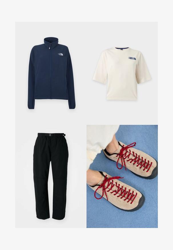 Mørkeblå fleecejakke med høj krave, lynlås foran og logo på øverste venstre bryst. Har lange ærmer og blød tekstur.; Hvid T-shirt med korte ærmer med en lille blå The North Face-logo på øverste venstre bryst.; Sorte letvægtsbukser med elastisk talje og justerbart bælte. Har tapered ben og forstærkede knæpaneler for holdbarhed.; Beige sko med røde snørebånd, placeret på en blå tekstureret overflade, delvist synliggørende en persons ankel. Skoene har et sporty design.