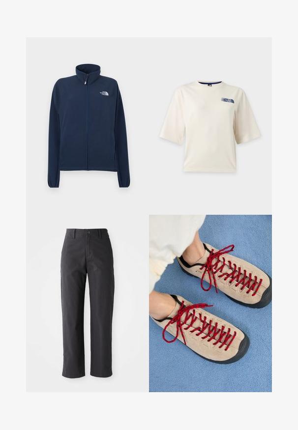 Chaqueta polar azul marino con cuello alto, cremallera frontal y logo en la parte superior izquierda del pecho. Cuenta con mangas largas y una textura suave.; Camiseta blanca de manga corta con un pequeño logo azul de The North Face en la parte superior izquierda del pecho.; Pantalones de algodón gris oscuro con un diseño de pierna recta, que cuentan con un cierre de botón y bolsillos estándar. Textura suave y detalles mínimos.; Zapatos beiges con cordones rojos, colocados sobre una superficie texturizada azul, que revelan parcialmente el tobillo de una persona. Los zapatos tienen un diseño deportivo.