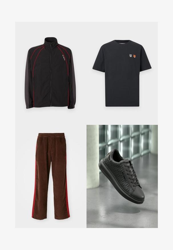 Sort træningsjakke med lynlås og høj krave, røde pipingdetaljer på front og ærmer, elastiske manchetter og lille hvid logo i skrift på venstre bryst.; Sort T-shirt med korte ærmer og små broderede ulve- og rævehoveder på venstre brystområde.; Brune corduroy bukser med elastisk talje, der har røde sidelister og lige ben. Tekstureret stof med subtile ribbede detaljer.; Sort lædersneaker med tekstureret mønster, rund tå, snørebåndsdesign og en polstret sål. Har logo detaljer.