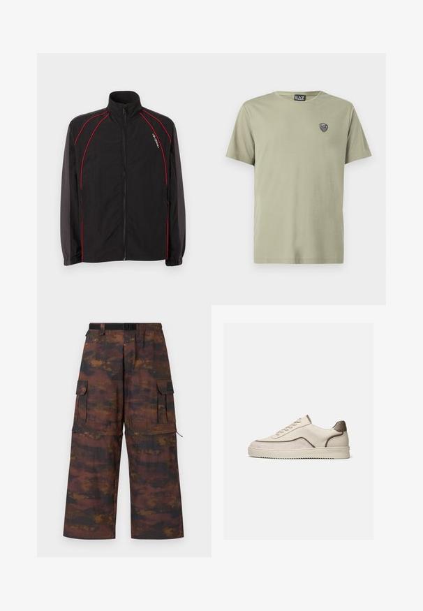 Chaqueta deportiva negra con cremallera y cuello alto, detalles de ribetes rojos en el frente y las mangas, puños elásticos y pequeño logo en script blanco en el pecho izquierdo.; Camiseta verde clara hecha de algodón suave, con cuello redondo y mangas cortas. Incluye un pequeño parche con logo negro en el pecho.; Pantalones cargo en un tejido marrón texturizado con un patrón abstracto desgastado. Presentan piernas anchas, cinturilla elástica y múltiples bolsillos.; Zapatilla beige de corte bajo con cierre de cordones, paneles de ante y cuero, y suela de goma con relieves sobre un fondo blanco liso.