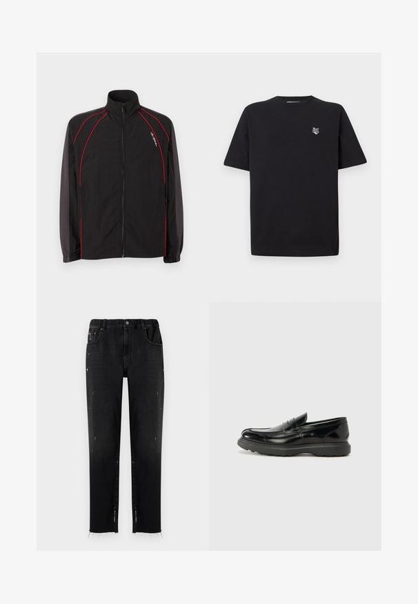Chaqueta deportiva negra con cremallera y cuello alto, detalles de ribetes rojos en el frente y las mangas, puños elásticos y pequeño logo en script blanco en el pecho izquierdo.; Camiseta de algodón negra con cuello redondo y mangas cortas. Presenta un pequeño gráfico de un lobo bordado en la parte izquierda del pecho.; Vaqueros negros de denim con cinturilla elástica, corte recto, detalles desgastados y dobladillo desflecado. Presenta bolsillos y cierre con botón.; Mocasín de cuero negro con un acabado brillante, punta redondeada, detalles de costura sutiles y una suela de goma gruesa para mayor durabilidad.
