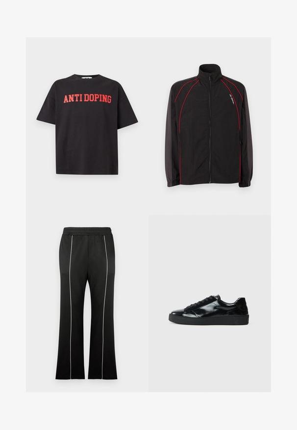 Veste de survêtement noire zippée avec col montant, détails de passepoil rouge sur le devant et les manches, poignets élastiques et petit logo script blanc sur la poitrine gauche.; T-shirt noir à manches courtes avec le texte rouge "ANTI DOPING" imprimé sur la poitrine, présenté sur un fond clair uni.; Pantalon de sport noir avec une taille cintrée, doté de bandes blanches sur les côtés et d'une coupe évasée aux jambes. Fabriqué en tissu doux et extensible.; Baskets en cuir verni noir avec un bout arrondi, un laçage, une semelle en caoutchouc texturé et une finition lisse.