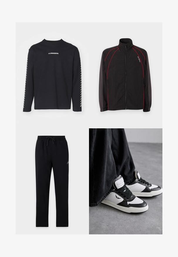 Zwart zip-up trainingsjack met hoge kraag, rode biesdetails aan de voorkant en mouwen, elastische boorden en een klein wit scriptlogo op de linkerkant van de borst.; Zwart T-shirt met lange mouwen van katoen, met een ronde hals en het J.Lindeberg-logo op de borst, met een geruit patroon op de mouwen.; Zwarte joggerbroek met elastische taille en koord, rechte pijpen en een klein wit logo op de bovenste linker dij.; Zwart-witte hoge sneakers met een gestructureerde zwarte vetersluiting, gemaakt van leer en synthetisch materiaal, met een logo aan de zijkant.