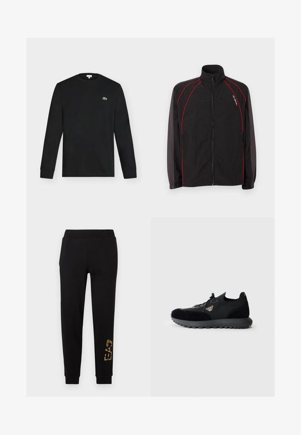 Schwarze Trainingsjacke mit Reißverschluss, hohem Kragen, roten Paspelierungen auf Vorderseite und Ärmeln, elastischen Bündchen und kleinem weißen Schriftzug auf der linken Brust.; Schwarzes Langarmshirt mit Rundhalsausschnitt und kleinem grünen Krokodil-Logo auf der linken Brust, vor einem einfarbigen hellen Hintergrund dargestellt.; Schwarze Jogginghose mit lässiger Passform, einem goldfarbenen Grafikdesign am unteren Bein und einem elastischen Bund für Komfort.; Schwarze Sneaker aus einer Kombination von Wildleder und Mesh-Materialien, mit runder Zehenpartie, strukturiertem Außensohleneinsatz und einem metallischen Logo-Element an der Seite.