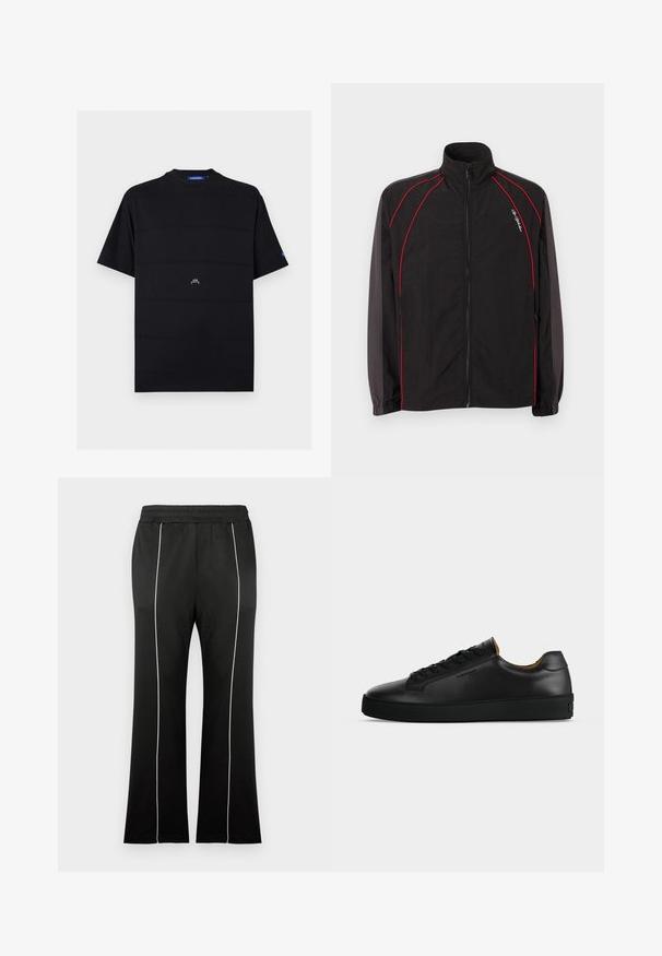 Veste de survêtement noire zippée avec col montant, détails de passepoil rouge sur le devant et les manches, poignets élastiques et petit logo script blanc sur la poitrine gauche.; T-shirt noir à manches courtes avec col rond, petit logo blanc "A-CW" centré sur le devant et étiquette bleue sur le col et la manche gauche.; Pantalon de sport noir avec une taille cintrée, doté de bandes blanches sur les côtés et d'une coupe évasée aux jambes. Fabriqué en tissu doux et extensible.; Basket basse en cuir noir avec lacets noirs, semelle en caoutchouc texturée et petit logo embossé sur le côté, présenté de profil sur fond gris.