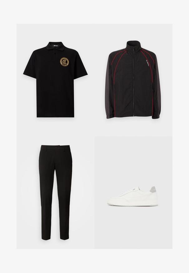 Veste de survêtement noire zippée avec col montant, détails de passepoil rouge sur le devant et les manches, poignets élastiques et petit logo script blanc sur la poitrine gauche.; Polo noir à manches courtes avec col et patte à deux boutons, arborant un logo circulaire doré Just Cavalli sur la poitrine.; Pantalons noirs avec un design à jambes droites, dotés d'une fermeture à boutons, de passants de ceinture et d'une texture de tissu lisse. Pas de motifs ou d'accents visibles.; Baskets basses blanches avec un onglet de talon gris, des lacets blancs et une semelle texturée, présentées sur un fond uni clair.