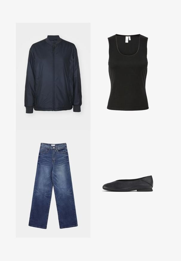 Marineblå bomberjakke lavet af let, glat stof; har en frontlynlås, sidelommer og ribbede manchetter og krave. Uden mønstre.; Sort ærmeløs tanktop lavet af ribbet materiale med rund halsudskæring og slim fit design. Minimalistisk stil uden mønstre eller accenter.; Vidbenede denimjeans i mørkeblå, med høj talje, tydelige falmninger foran og klassisk femlomme-design.; Sorte læder flade sko med rund tå og lav hæl, designet til både casual og formelt brug.