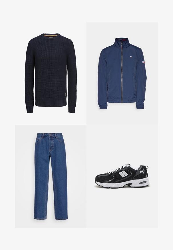 Chaqueta de color azul marino con cremallera frontal, cuello alto, puños elásticos y un parche de logo en el brazo izquierdo. Fabricada en tejido ligero y suave.; Jersey de punto azul marino de manga larga con cuello redondo, patrón texturizado tipo waffle y puños y dobladillo acanalados.; Jeans de denim azul con un diseño clásico de pierna recta, que presentan una cintura alta, cordones para cinturón y sutiles detalles de costura.; Zapatillas deportivas en negro y gris con parte superior de malla y ante, que cuentan con una entresuela blanca, cordones y un llamativo logo "N" en el lateral.