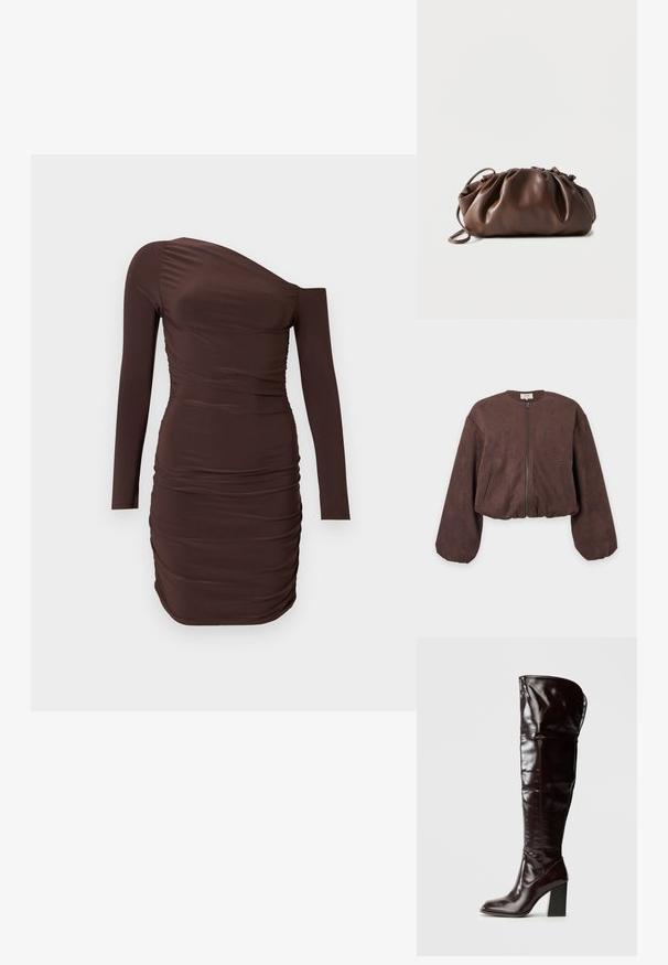 Veste en daim marron à fermeture éclair avec manches longues bouffantes et deux poches verticales à l'avant, présentée sur un fond uni.; Robe mini marron à une épaule avec fronces, manches longues et silhouette ajustée sur fond uni.; Bottes en cuir bordeaux glacé montant jusqu'au genou, avec un bout carré et un talon bloc, présentant un design ample et des détails de couture minimalistes.; Sacoche en cuir marron doux avec un haut froncé et une fine bandoulière, posée sur un fond blanc.