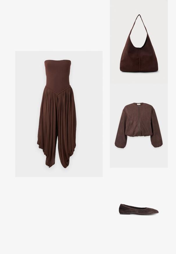 Brun ruskind jakke med lynlås, lange puffede ærmer og to lodrette frontlommer, vist på en ensfarvet baggrund.; Brun stropløs jumpsuit med tætsiddende krop og brede, draperede, plisserede bukser, der skaber en flydende silhuet.; Brune ruskinds ballerina med spids tå og lav profil. Har en glat tekstur og minimalistisk design. Ingen synlig hardware eller accenter.; Brun suedette hobo taske med en stor, buet åbning og en bred skulderrem. Har en centreret søm på forsiden. Glat tekstur.