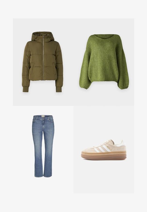 Olivgrüne gepolsterte Jacke mit Kapuze, Frontreißverschluss und seitlichen Taschen. Verfügt über gerippte Bündchen und ein verkürztes Design mit horizontalen Nähten.; JDY JDYDINEA L/S REVERSIBLE PULLOV. KNT NOOS - Strickpullover - fern; Mitteldicke, gerade geschnittene Jeans in Blau mit vorderem Knopf- und Reißverschluss, Gürtelschlaufen sowie Vorder- und Hintertaschen.; Beige Wildleder-Sneaker mit weißen Lederakzenten, versehen mit drei weißen Streifen, einem goldenen Logo und einer dicken, durchsichtigen Gummisohle.