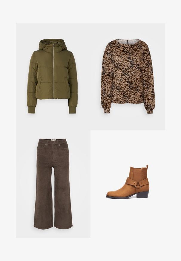 Olivgrüne gepolsterte Jacke mit Kapuze, Frontreißverschluss und seitlichen Taschen. Verfügt über gerippte Bündchen und ein verkürztes Design mit horizontalen Nähten.; Brauner langärmeliger Pullover mit schwarzem Leopardenmuster, weitem Ausschnitt und elastischen Bündchen. Weicher, strukturierten Stoff mit lässiger Passform.; Braune Corduroy-Hosen mit weitem Bein und gerippter Textur, fünf Taschen und vorderem Knopfverschluss. Mit einem Etikett am Bund.; Braune Wildleder-Ankle-Boots mit flachem Absatz, ausgestattet mit einem elastischen Seitenpanel und einem breiten Riemen über dem Mittelfuß mit einem runden Hardware-Akzent.