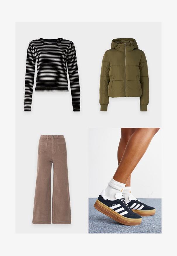 Veste matelassée vert olive avec capuche, fermeture éclair frontale et poches latérales. Présente des poignets côtelés et un design court avec des coutures horizontales.; Haut à manches longues noir et blanc à rayures avec une texture côtelée et un col rond, présentant des rayures horizontales uniformes.; Pantalons large en velours côtelé marron avec taille haute, dotés d'une fermeture à bouton, de deux poches arrière et d'une texture rayée verticale.; Jambes portant des chaussettes blanches et des baskets Adidas Gazelle noires avec des bandes blanches et des semelles épaisses marron sur un sol recouvert de moquette grise.