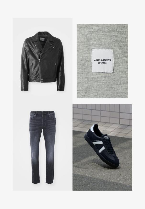 Veste de motard en cuir noir avec une finition brillante, dotée d'un col cranté, d'une fermeture éclair à l'avant, de poches latérales et de finitions en métal argenté.; Tissu gris avec une texture tricotée contenant une étiquette tissée blanche portant l'inscription "JACK&JONES EST. 1990" en lettres noires.; Jean en denim gris foncé avec un design classique à jambe droite, featuring des poches avant, une fermeture éclair avec bouton et un léger dégradé.; Sneaker en cuir noir avec des rayures blanches, semelle en caoutchouc texturée et devant à lacets. Présente une étiquette de marque sur la languette.