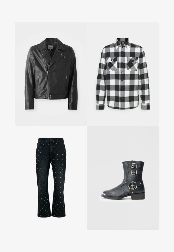 Veste de motard en cuir noir avec une finition brillante, dotée d'un col cranté, d'une fermeture éclair à l'avant, de poches latérales et de finitions en métal argenté.; Chemise en flanelle noir et blanc avec un motif à carreaux, présentant deux poches poitrine, un devant boutonné et un col. Tissu doux et texturé.; Jeans en denim noirs avec un motif en losanges matelassé orné de petits clous en argent, coupe droite et style classique à cinq poches.; Bottine en cuir noir à bout arrondi, avec deux brides à boucle, détails en métal argenté et petit talon empilé. Finition texturée.