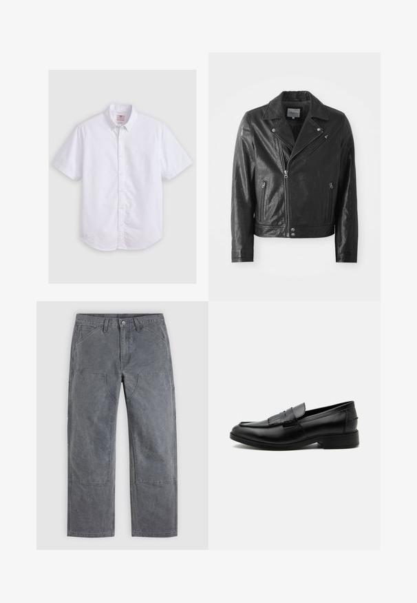Veste de motard en cuir noir avec une finition brillante, dotée d'un col cranté, d'une fermeture éclair à l'avant, de poches latérales et de finitions en métal argenté.; Chemise blanche à manches courtes en coton, avec col button-down, texture subtile, ourlet incurvé et fermeture à boutons traditionnelle.; Pantalon gris à jambes droites avec renforts aux genoux, poches avant et passants de ceinture, présenté à plat sur un fond uni.; Mocassin homme en cuir noir avec détail pompon, bout arrondi, talon bas et finition polie lisse, montré de profil sur fond blanc.