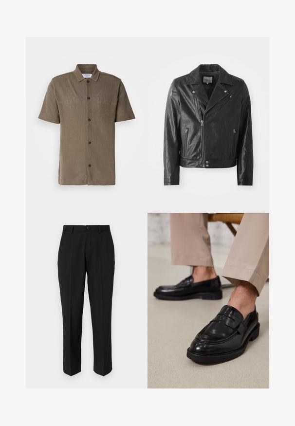 Veste de motard en cuir noir avec une finition brillante, dotée d'un col cranté, d'une fermeture éclair à l'avant, de poches latérales et de finitions en métal argenté.; Chemise à manches courtes, couleur olive, en tissu en maille, avec un devant à boutons, une poche poitrine et une coupe décontractée.; Pantalon noir en tissu lisse, présentant une coupe droite, des poches avant, un bouton simple de fermeture et sans motifs visibles.; Mocassins en cuir noir avec une finition lisse, ornés d'une sangle décorative et de coutures contrastées, associés à un pantalon beige.