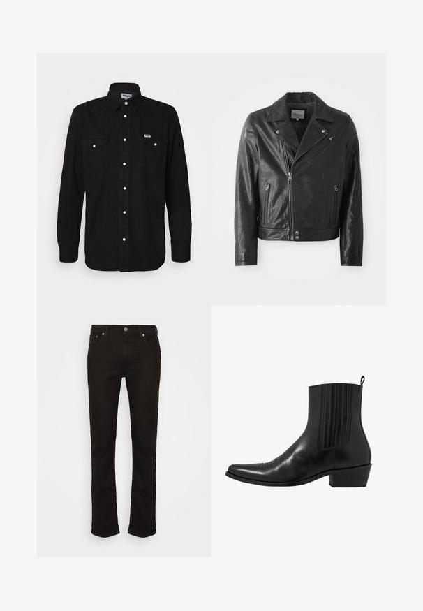 Schwarze Lederbikerjacke mit glänzender Oberfläche, ausgestattet mit einem Reverskragen, Reißverschluss vorne, Seitentaschen und silbernen Hardware-Akzenten.; Schwarzes Button-Up-Hemd mit spitzem Kragen, zwei Brusttaschen, weißen Druckknöpfen und strukturiertem Stoff. Wrangler-Logo auf der linken Brust.; Schwarze Denim-Jeans mit geradem Schnitt, ausgestattet mit einem klassischen Fünf-Taschen-Design, einem Metallknopfverschluss und dezenten Nähdetails.; Schwarze Leder- ankle boot mit spitzem Zehenbereich, elastischen Seitenpaneelen, vertikalen Steppnähten und einem niedrigen Blockabsatz.