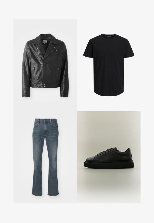 Chaqueta de cuero negro de estilo biker con un acabado brillante, que presenta un cuello con muescas, cierre frontal de cremallera, bolsillos laterales y detalles en metal plateado.; Camiseta negra de manga corta hecha de algodón orgánico. Presenta un escote redondo y un corte recto. Sin patrones ni acentos visibles.; Vaqueros de mezclilla azul oscuro con ligero desgaste, corte recto en la pierna, cierre con botón y cremallera, y bolsillos delanteros y traseros.; Zapatilla negra de piel con corte bajo, suela gruesa de goma y cordones negros, vista de perfil sobre fondo liso y claro.