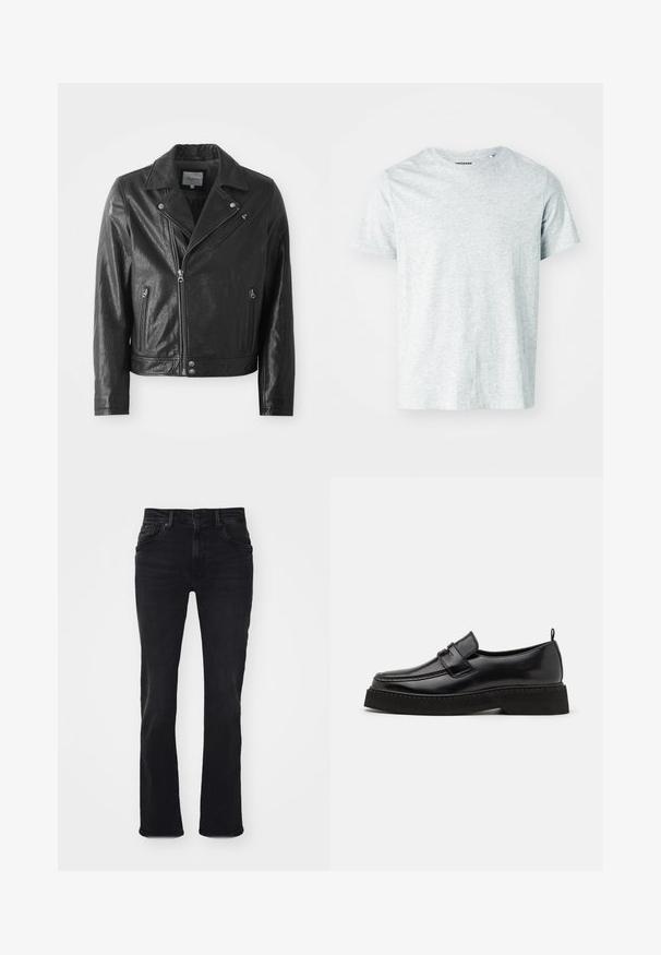 Chaqueta de cuero negro de estilo biker con un acabado brillante, que presenta un cuello con muescas, cierre frontal de cremallera, bolsillos laterales y detalles en metal plateado.; Camiseta de manga corta gris claro, confeccionada en una tela suave, con cuello redondo y un corte ligeramente relajado. Sin patrones ni gráficos visibles.; Jeans de mezclilla negros con un diseño de pierna recta, que presentan un estilo clásico de cinco bolsillos y detalles de costura sutiles en los bolsillos.; Zapatos estilo mocasín de cuero negro con suela plana y texturizada, con puntera cosida y una correa a lo largo del empeine.