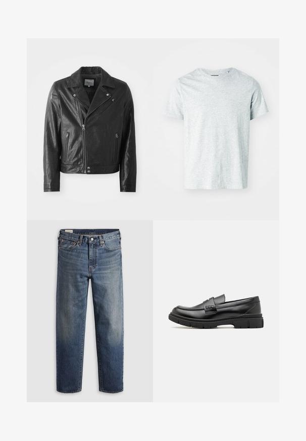 Sort læder bikerjakke med en blank finish, der har en reverskrave, lynlåslukning foran, sidelommer og sølvfarvede hardware-detaljer.; Lys grå, kortærmet t-shirt lavet af blødt stof, med en rund hals og en let afslappet pasform. Ingen synlige mønstre eller grafik.; Mørkeblå denimjeans med en afslappet pasform, lige ben, fem-lommer design og subtil falmen ved lårene. Sølvknap og nitter.; Sort læder loafersko med en bred rem over forfoden, gummisål med tykke mønstre og glat overflade. Klassisk, slankt design.